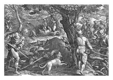 Ön planda, bir ayı iki adamın mızraklarıyla delinir. Arka planda, başka bir ayı ağla yakalanıyor ve öldürülüyor. Latince 2 satır başlık.