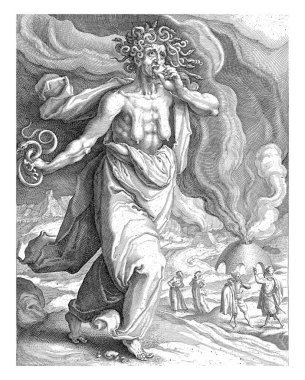 Kıskançlık, çıplak göğüslü sıska bir kadın, sağa doğru yürüyor. Saçları yılan gibi ve sağ elinde yılan var. Bir kalbi ısırıyor..