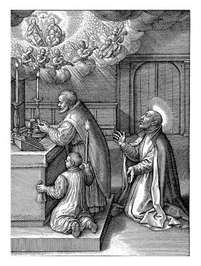 Loyola 'lı Ignatius, Trinity' yi görüyor, Hieronymus Wierix, 1611 - 1615 Loyola 'lı Ignatius, ayin sırasında rahibin arkasında diz çöker..