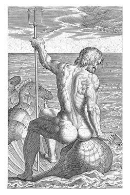Deniz Tanrısı Neptün, Philips Galle, 1586. Deniz tanrısı Neptün, deniz atlarının çizdiği bir kabuğun üzerinde oturuyor. Parmak izi, nehir ve deniz tanrıları ile ilgili 17 bölümlük bir dizinin parçası..
