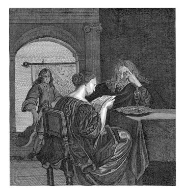 Cornelis-Henricus van Meurs adındaki masada oturan bir kadın, 1720-1730 yılları arasında Frans van Mieris 'ten sonra masada oturan bir kadın bir mektup okur..