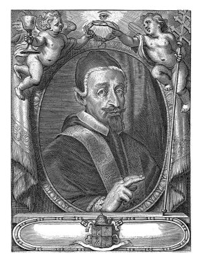 Papa VII. Alexander 'ın Camauro' lu portresi. Sağ eliyle bir jest yapıyor. İki melek tarafından defne çelengi ile taçlandırılmıştır (kadehle ve üçlü çapraz asayla).).