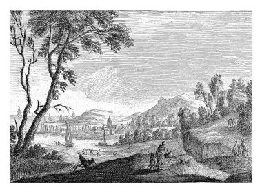 Bir anne çocuğuyla dağlık bir arazide yürür. Solda arka planda küçük bir limanı olan bir şehir manzarası var. Üstteki sağ işaretli: F.5.