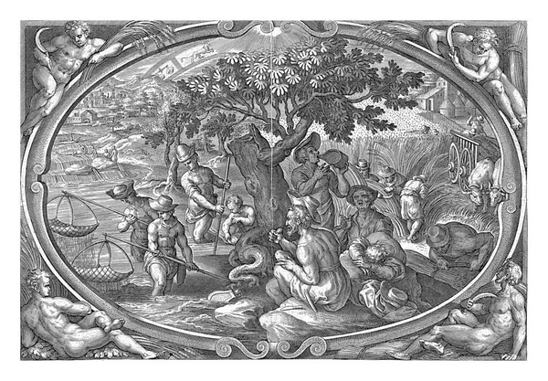 在大篷车的中央是渔民和农民的形象 在前景展望中 工人们正在休息和吃饭 这张专辑有拉丁文字幕 是四季系列的一部分 — 图库照片