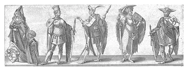 一个女人拿着盾牌 四个男人拿着剑和盾牌 — 图库照片
