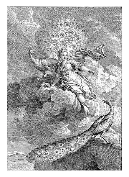 ジュノーは雲の上に座り 2つの孔雀を伴っている 寓話のイラスト Xxxix Paon Plainant Junon — ストック写真