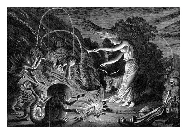 1626年 ファン ベルデ Jan Van Velde 2世は 彼女が粉を注ぐ鍋に魔女を入れた 強い風が吹いている 彼女の前にモンスターのグループ — ストック写真