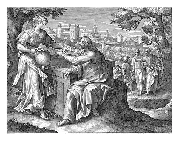 예수님은 우물가에서 사마리아 이야기하고 계십니다 소녀에게 달라고 사도들 — 스톡 사진
