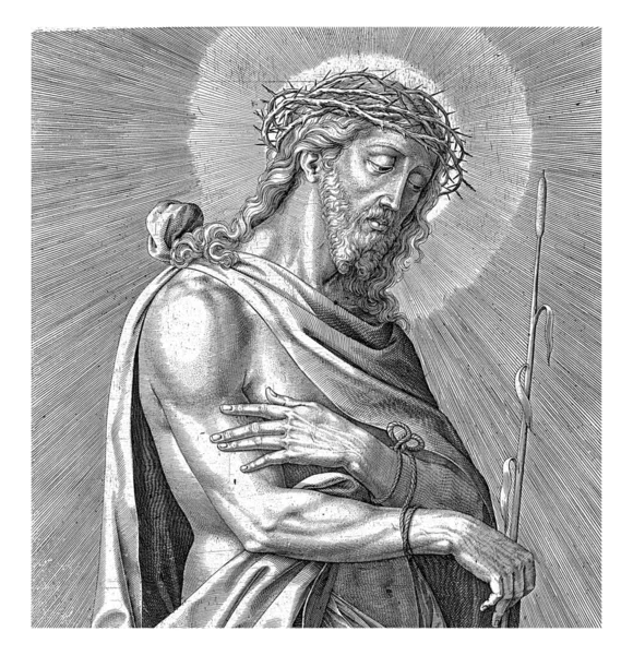 基督像一个悲伤的人 头戴荆棘的冠冕 眼睛垂下 他手里拿着一根芦苇 在空白处有拉丁文字幕 — 图库照片