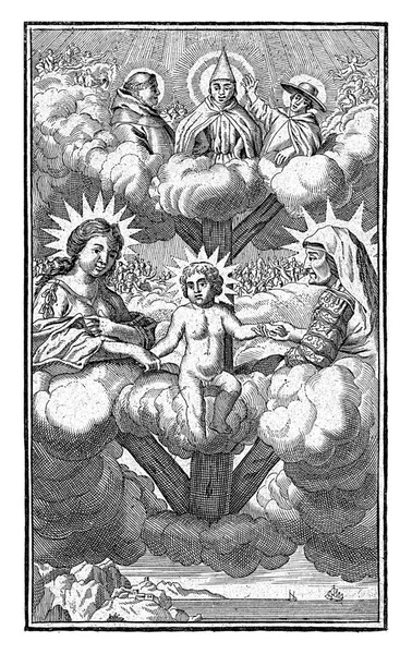 圣母玛利亚 基督的孩子和安娜在云彩之上 三位一体代表了一个和尚 一个方丈和一个红衣主教 镜像复制 — 图库照片