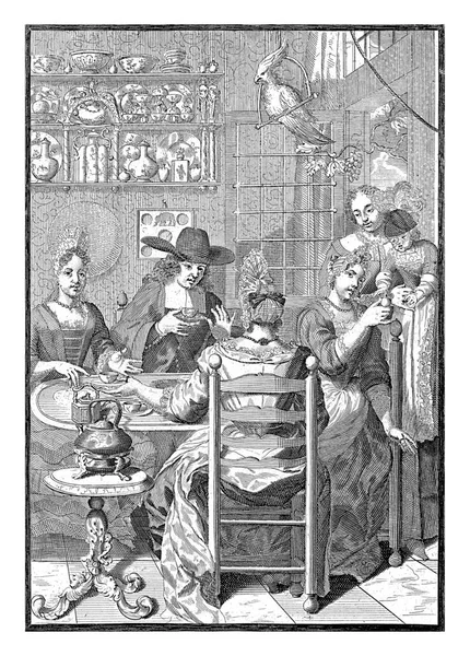 在荷兰的一个房间里 一个三人一组的女士和一个绅士围坐在餐桌边喝茶 门口右边是个保姆 胳膊上抱着一个小孩 — 图库照片