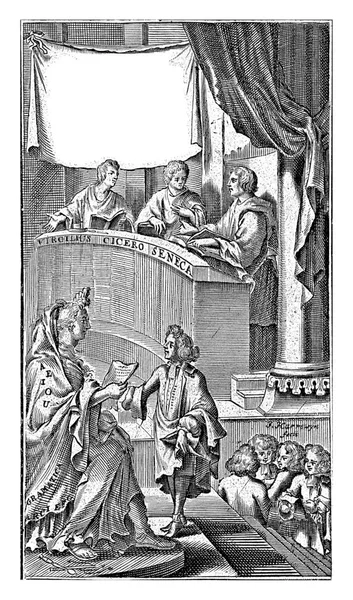 在语法课上 维吉流士 西塞罗和塞内卡与学生在一起 雅各布斯 哈里温 1694年在讲台上坐着语法的人格化 年轻的学生在他的脚下 — 图库照片