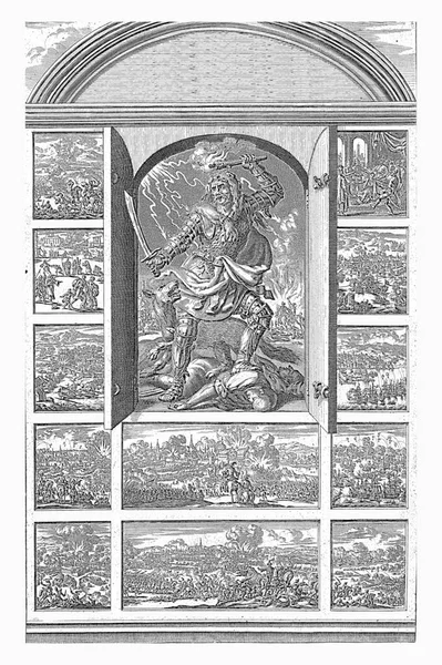 トーチと剣で武装戦争 ヤンLuyken 1688トーチと剣で激しい戦士を立って後ろのドアを開きます 延宝8年 1678年 から貞享4年 1687年 にかけての12の小さな戦況 — ストック写真
