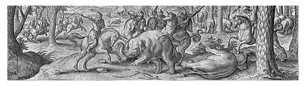 一些骑手在用长矛追赶一群大象 该印刷品有拉丁文字幕 是54幅系列印刷品的一部分 — 图库照片