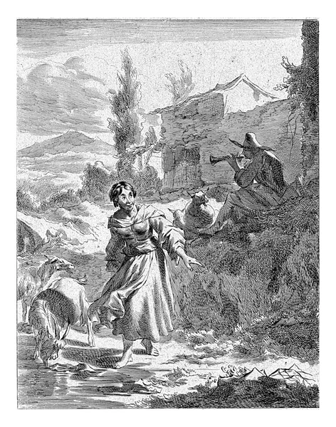 フルートを演奏シェパード ヴィシャー ニコラスPietersz後 ベルケム 1643年 1692年丘陵地帯で羊飼いが笛を吹いている間 羊飼いの女神はヤギに水から飲むことを許可します — ストック写真