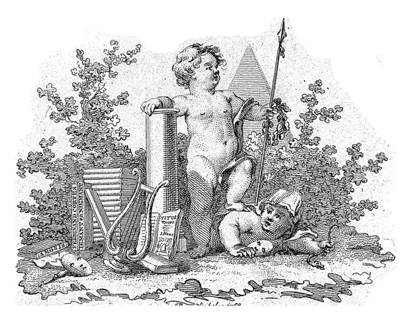 Dwa Putti Alegorycznymi Atrybutami Reinier Vinkeles 1768 Putto Włócznią Wieniec — Zdjęcie stockowe