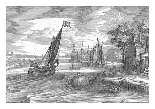 River view with sailing ships and flat boats that transport hay. A farm on the right.