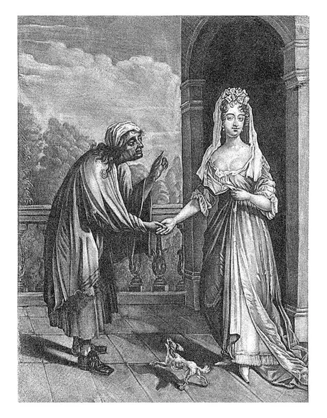 在阳台上 一个年轻女人的手被一个罗马女人看穿了 一只狗对着老太太吠叫 — 图库照片