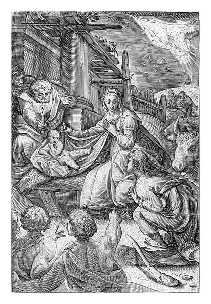 牧羊人的崇敬 牧羊人聚集在躺在马槽里的基督童子周围 一个牧羊人的膝盖 玛丽坐在孩子的旁边 — 图库照片