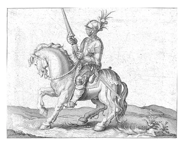 Ein Mann Rüstung Pferd Reitet Nach Links Mit Geschlossenem Visier — Stockfoto