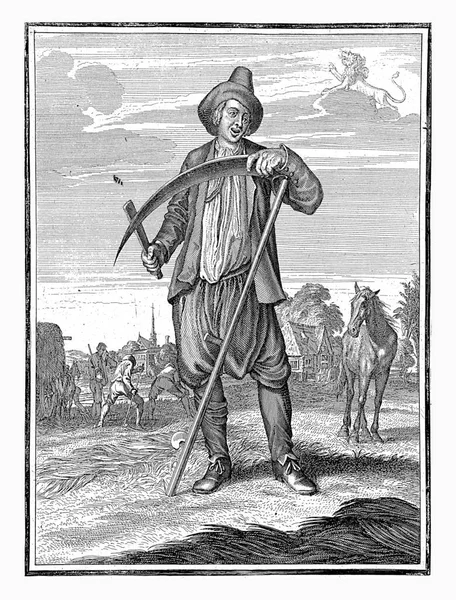 卡斯帕 1698 1702年七月 一个年轻人站在前头用轮石削尖镰刀 在背景下 农民们正在割草 — 图库照片