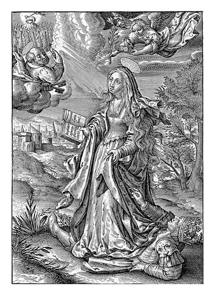 聖ペトロニラとの風景 アントニーWierix に起因します 1565 前に1604聖ペトロニラピーターの娘 キリスト教の作家によると 手に開いて本と — ストック写真