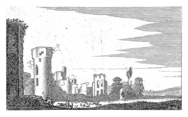 1616年 维尔德 一个牧羊人 带着一群山羊坐在城堡里 在风景中被毁了 二十个系列中的第十九个 — 图库照片