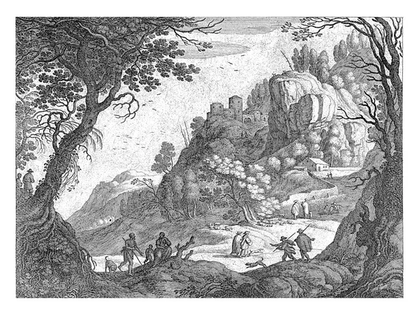 数字の異なるイタリアの山の風景 左側に座っている女性と犬を持つ2人の男性に対処する男 山の上に城がある — ストック写真