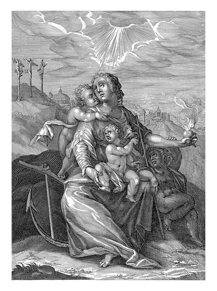 Maryja Dzieciątkiem Chrystusa Dzieciątkiem Janem Chrzcicielem Reprezentacja Trzech Cnót Teologicznych — Zdjęcie stockowe