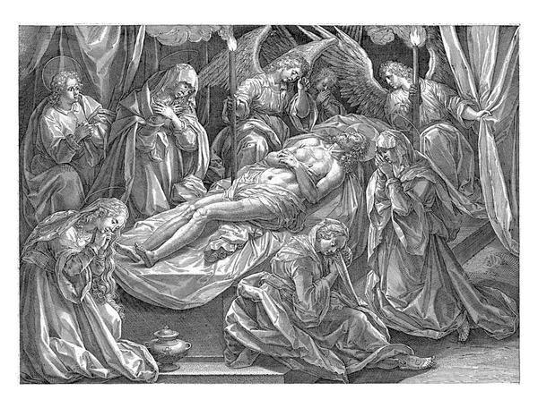 基督躺在他坟墓里的坟墓上 福音传道者约翰 三个圣洁的妇人 和几个天使在墓前为他哀哭 — 图库照片