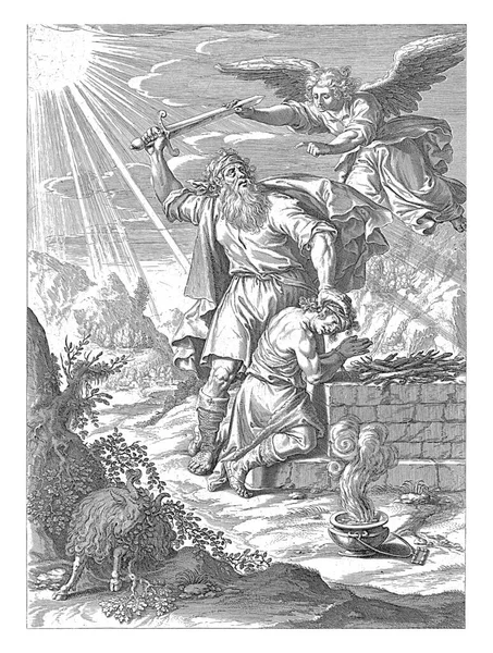 亚伯拉罕举刀要杀了他儿子以撒 他儿子以撒双手捆腰跪在坛前 天使拦住他 指着一只可以献祭的公羊 — 图库照片
