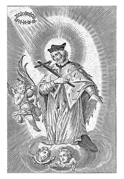 Saint John Nepomucenus Standing Cloud Crucifix His Hand Next Him — Stock Photo, Image