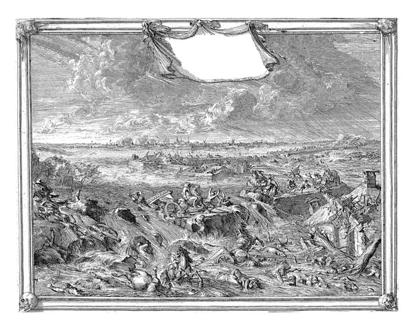 1673年10月1日 コーコデン近くで堤防決壊 敵の騎兵と砲兵は遠くコーコデンの街で水で洗い流されます — ストック写真