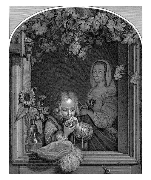 少年は窓の開口部に泡を吹いて モーリス ブロット 後にフランスファンミアリス 1763 1818 ヴィンテージ彫刻 — ストック写真