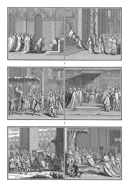 新しい教皇の設置と戴冠式 ベルナール ピカール ワークショップ ベルナール ピカールの後 1725新しい教皇の選挙後のイベントの6つの表現とシート — ストック写真