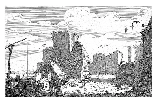 城の左側の門の遺跡とブレデロード城の予測 ファン ベルデ ジェイコブ マサムの後 1616ブレデロード城の予測に井戸で2人の会話の人物 — ストック写真