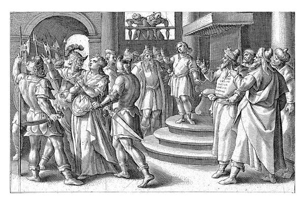 スザンナは 1574年から1637年にかけてマールテン ヴォスが処刑された後 クリスピン ファン 英語版 と呼ばれる裁判所に至った ダニエルはこれを見て抗議します — ストック写真