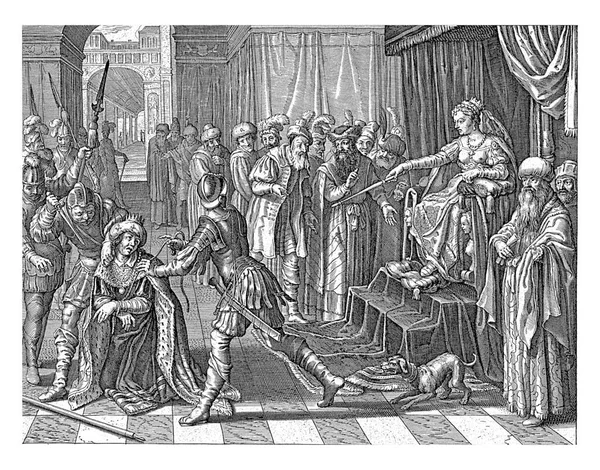 女王の愛人セミラミスは王位から正当な王ニヌスを処刑するよう命令した 兵士は彼の手を結び 第二の兵士は準備ができて短剣で準備ができて立っている — ストック写真