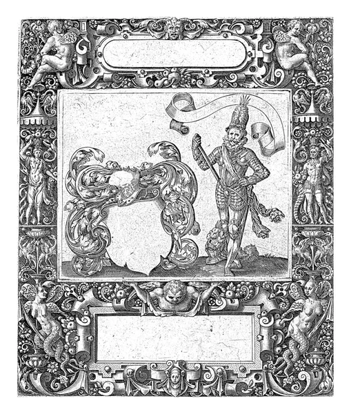 上部中央に丸みを帯びた側面を持つ細長いカルトゥーシュを持つフレーム テオドール ブリー 1593一番下の中心に長方形のカルトゥーシュです 左上と右上に天使がいる — ストック写真
