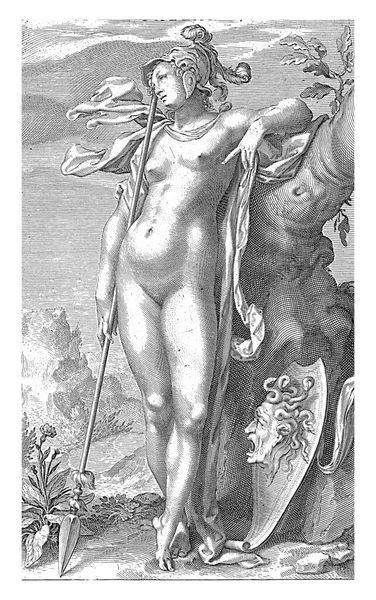 Minerva Bir Ağacın Yanında Duruyor Kask Takıyor Mızrak Tutuyor Ağacın — Stok fotoğraf