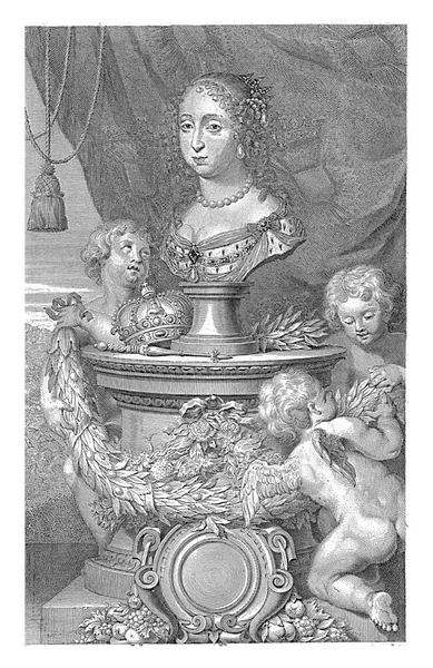 スウェーデン女王ヘドウィグ エレノアの肖像画で 台座の上に胸像の形で描かれている 花で装飾された台座には 彼女の冠と杖とガーランドがあります — ストック写真