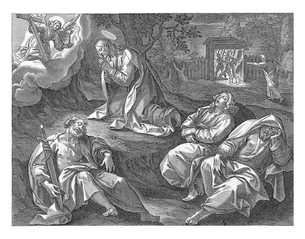 基督在橄榄园祷告神 他的学生现在都睡着了 云中出现了一个天使来安慰他 — 图库照片