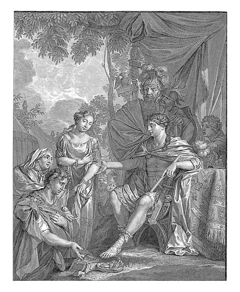 スキピオは 新しいカルタゴを征服するための報酬として彼に提供されていた公正な乙女を 彼女の花婿と彼女の母親に返します — ストック写真