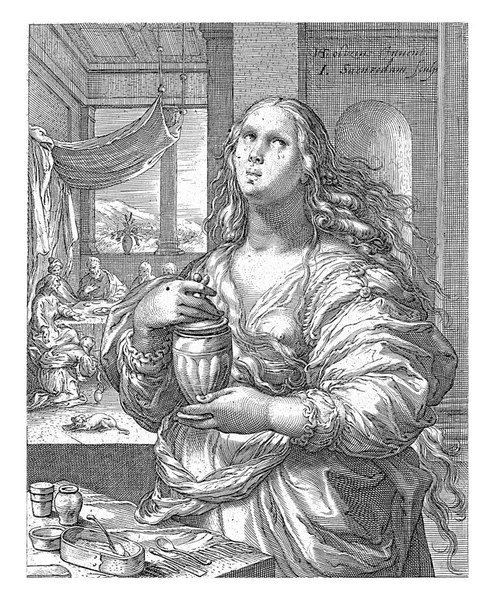 Foreground Mary Magdalene Her Hand Jug Balsam Oil She Crying — Stock Photo, Image