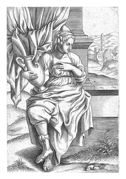 Delphic Sibyl Sitting Pitcher Her Right Arm Background Curtain View — Stock Photo, Image