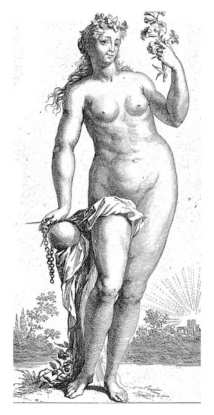 チェーン上の球と彼女の右手のコンパスと彼女の左手のユリの枝と美しさのパーソナライズとして裸の女性の姿 — ストック写真