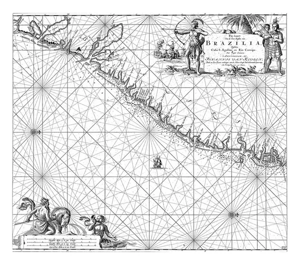 ブラジル東海岸の一部のパスポートマップは 2つのコンパスのバラで 北は右側にあります タイトルと出版社の住所を右上に弓と矢を持った男と男 — ストック写真