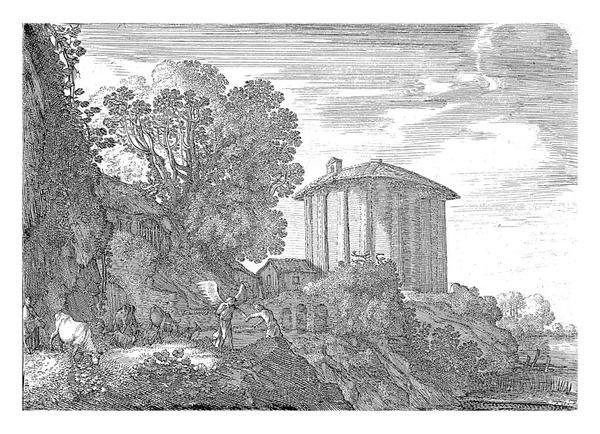 在一个有着圆形经典庙宇的景观中 一个天使牵着一个人的手 托比亚斯和天使 — 图库照片