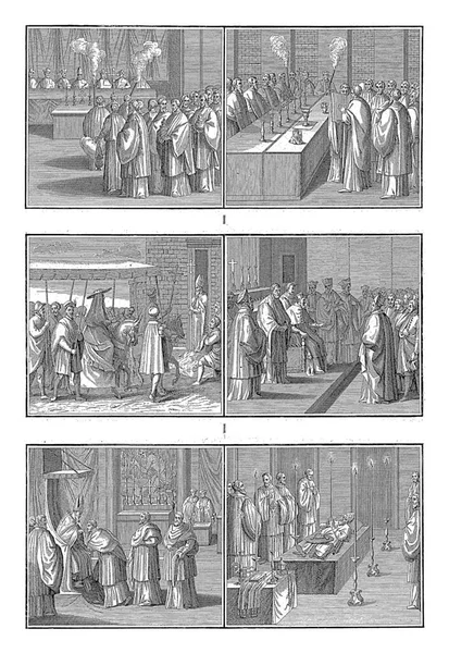 聖油の祝福と司教の仕事 ベルナール ピカート ワークショップ 1723ローマカトリック教会で司教の作品の6つの表現とシート — ストック写真