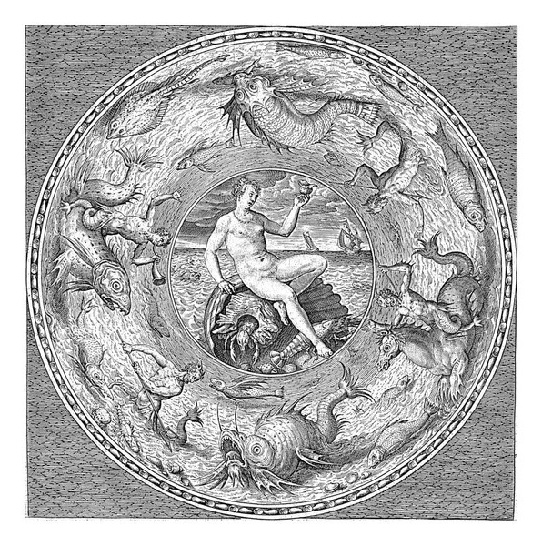 貝の上に海の女神と皿 アドリアンCollaert 1570 1618 海の女神と皿 ロブスターを含むシェルに座っている 彼女は手に貝を持っている — ストック写真